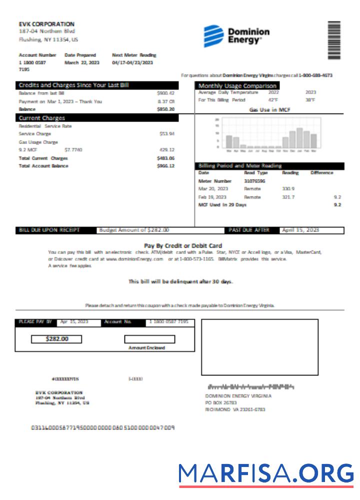 Printable Dominion Energy utility business bill SCR download for verification